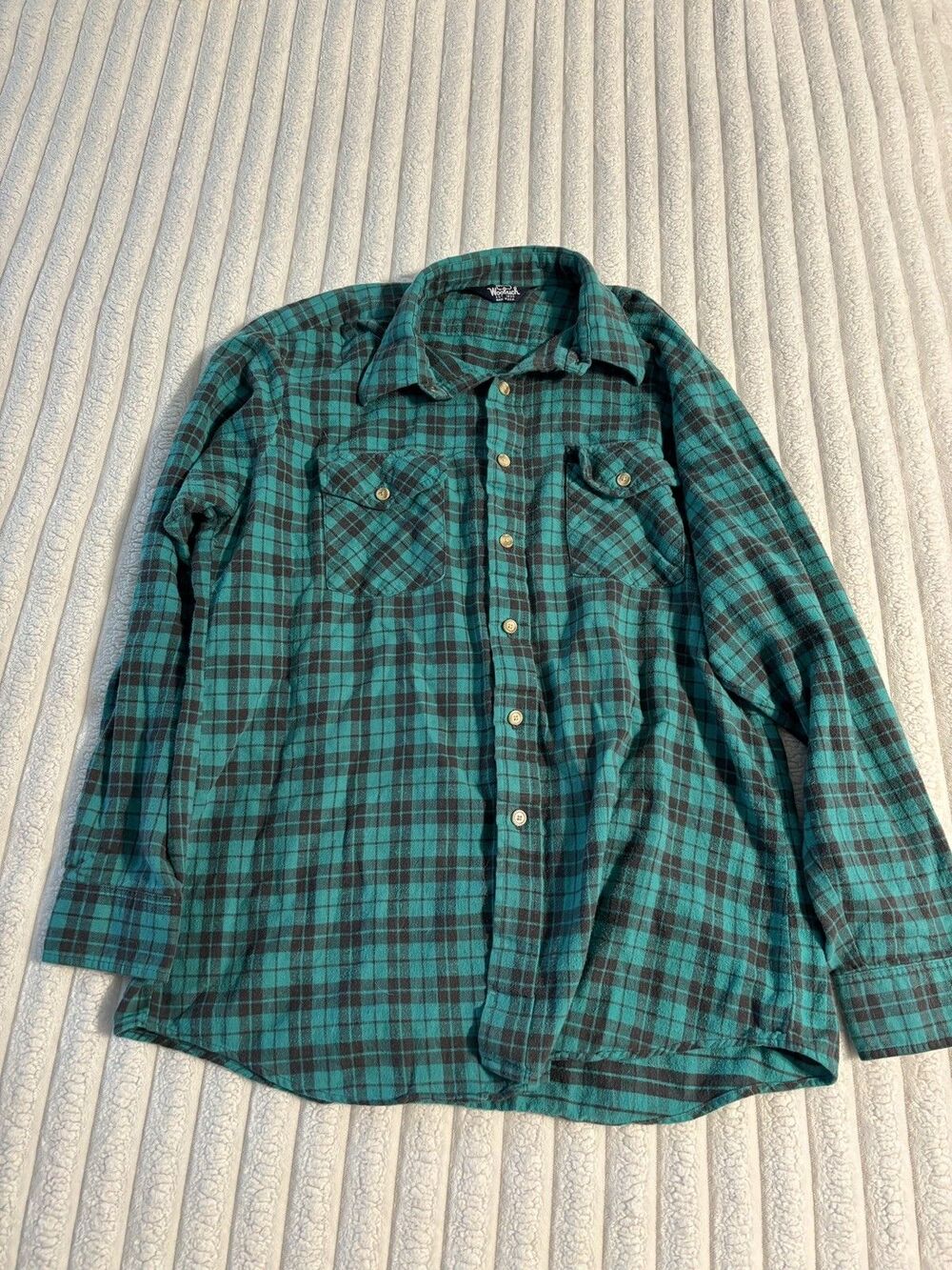 Vintage 80s Woolrich Plaid Flannel Button Down Shirt men’s large Green black